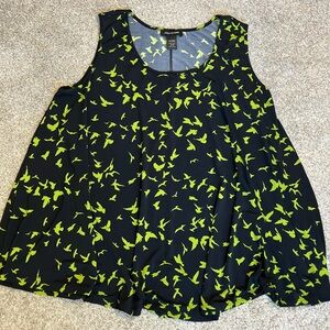 Ashley Stewart Black and Green Bird Print Swing Tank Top